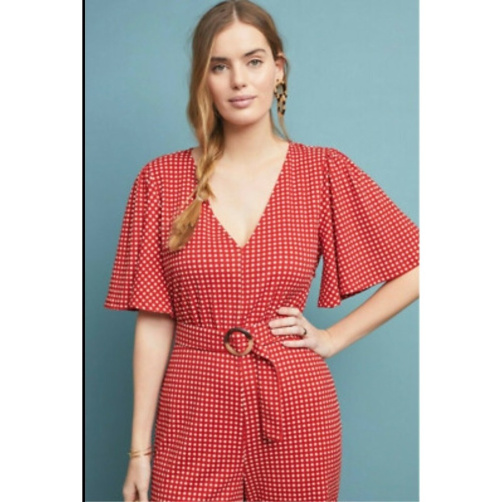 Anthropologie Ett:twa Margaret Jumpsuit Size 2 Red White Check Gingham - Picture 2 of 9